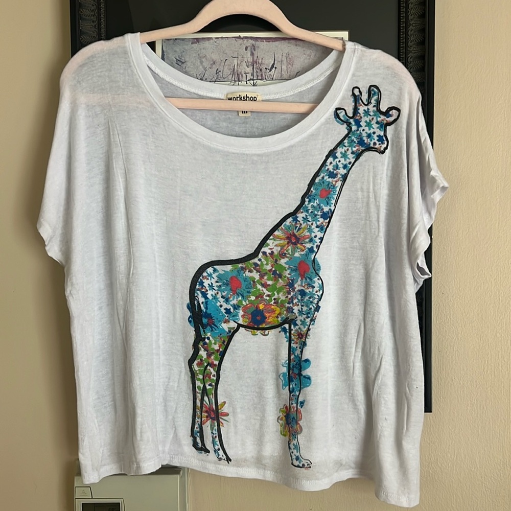 Delia’s Workshop Flowy white floral giraffe graphic dolman tee